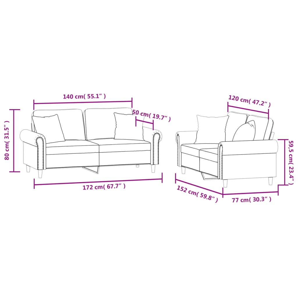 2 pcs conjunto de sofás com almofadas veludo castanho