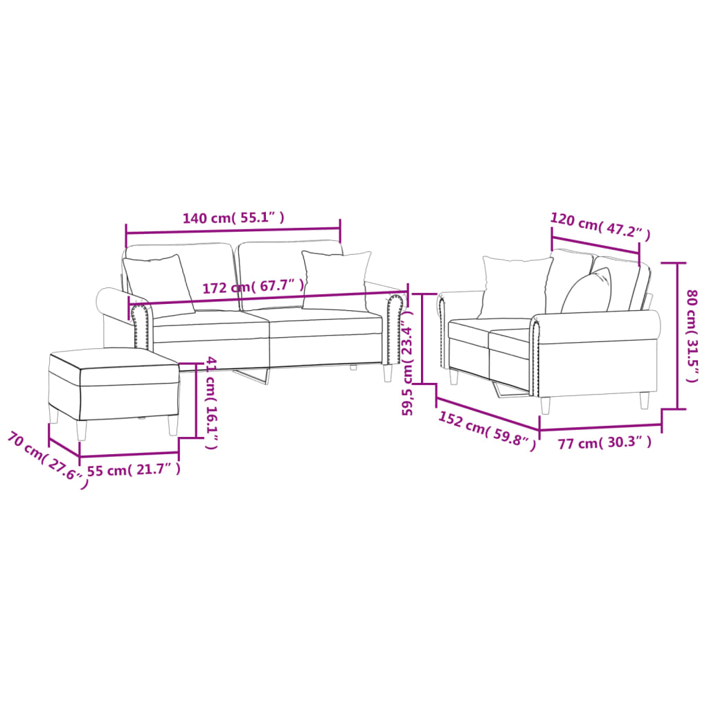 3 pcs conjunto de sofás com almofadas veludo castanho
