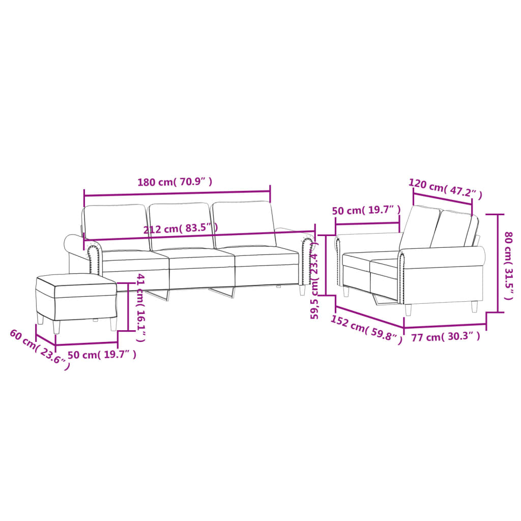 3 pcs conjunto de sofás com almofadões veludo cinzento-claro
