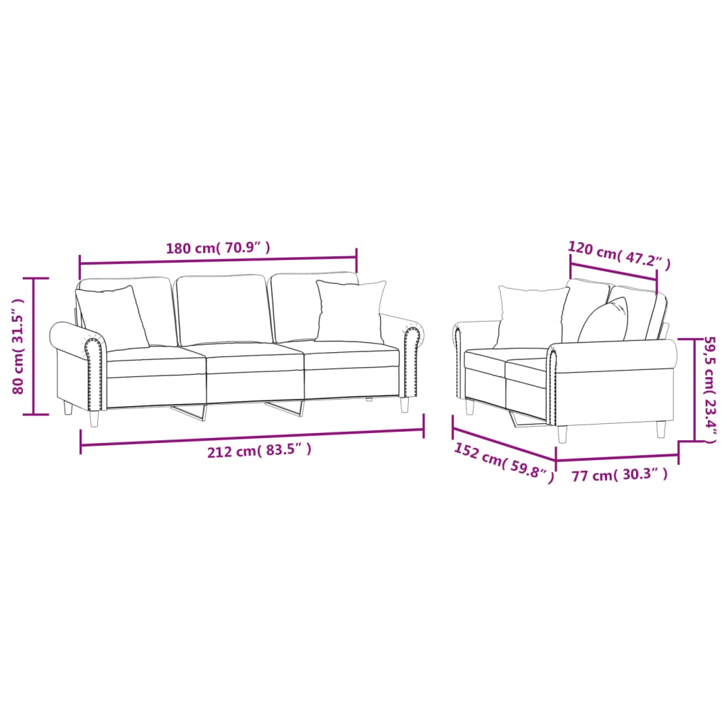 2 pcs conjunto de sofás com almofadas veludo castanho