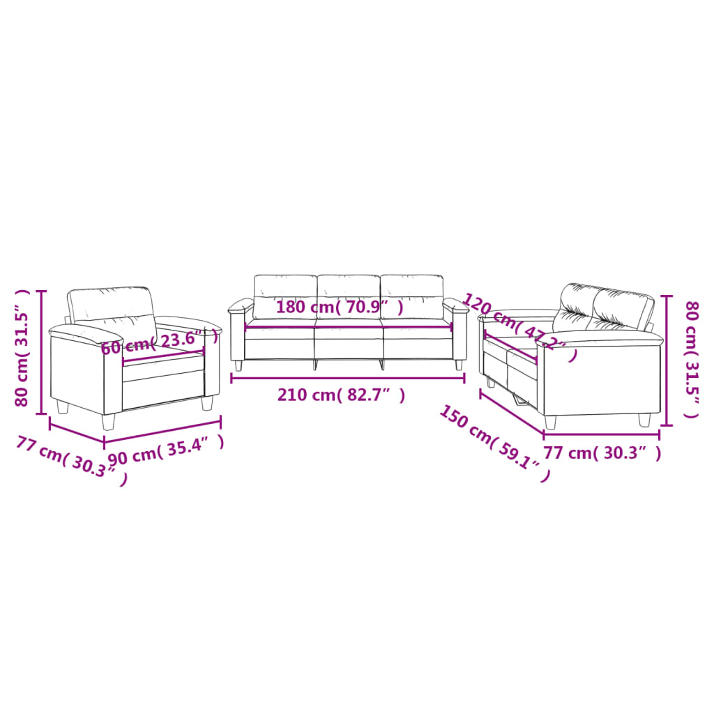 3 pcs sofa set with cushions cream colored microfiber fabric