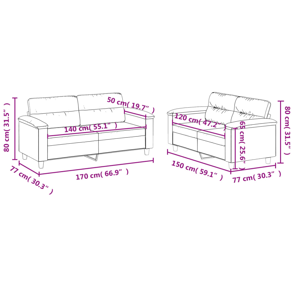 2 pcs conj. sofás c/ almofadões tecido microfibra cinza-escuro