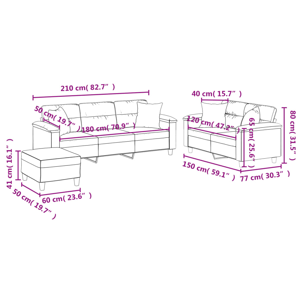 3 pcs conjunto sofás c/ almofadas microfibra cinza-escuro