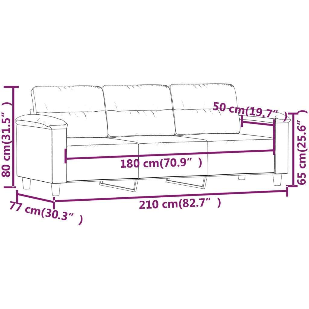 3-seater sofa 180 cm dark grey microfibre fabric