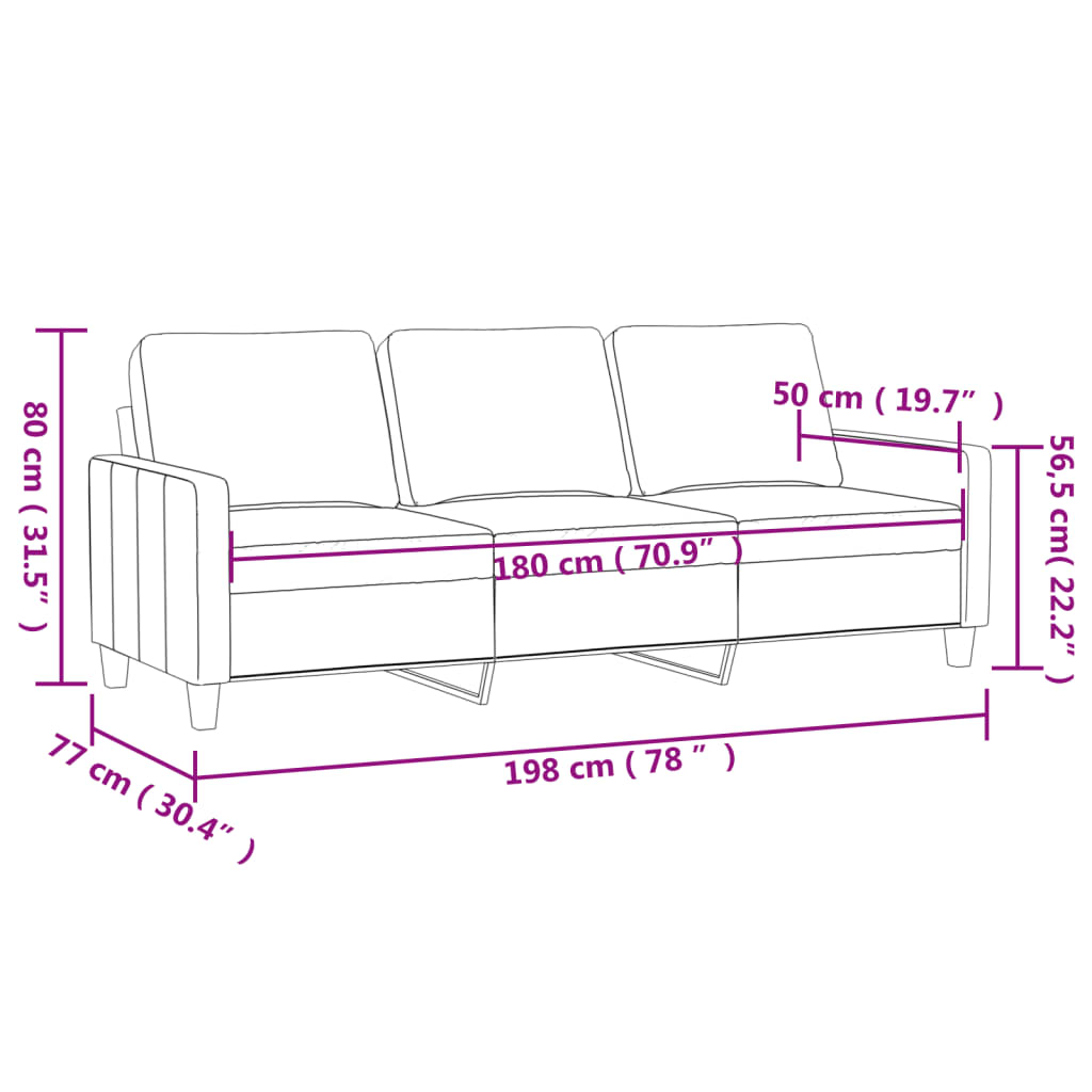 Sofá de 3 lugares 180 cm veludo rosa