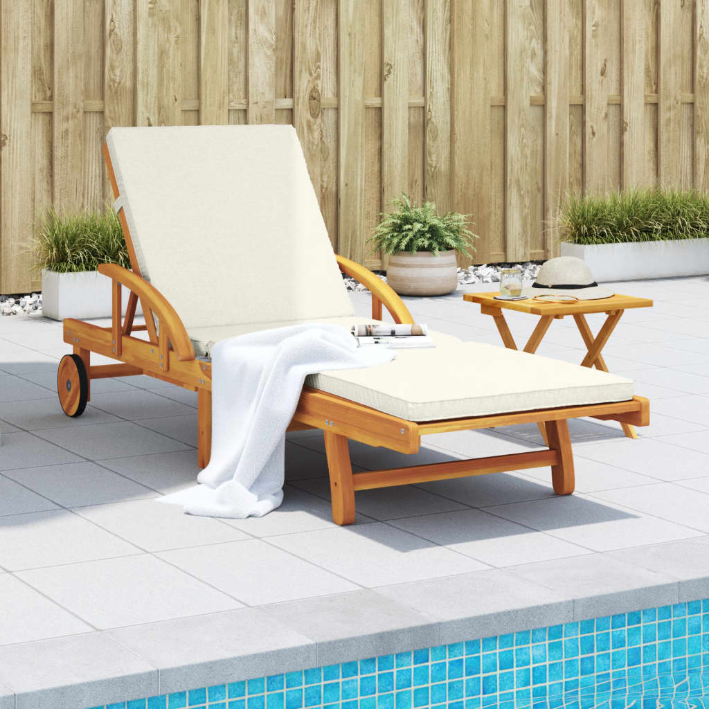 Sun lounger with cushion and solid acacia wood table