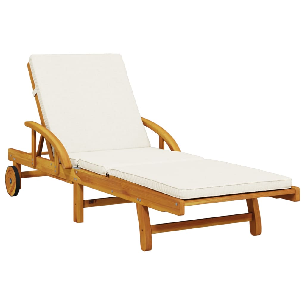 Sun lounger with cushion and solid acacia wood table