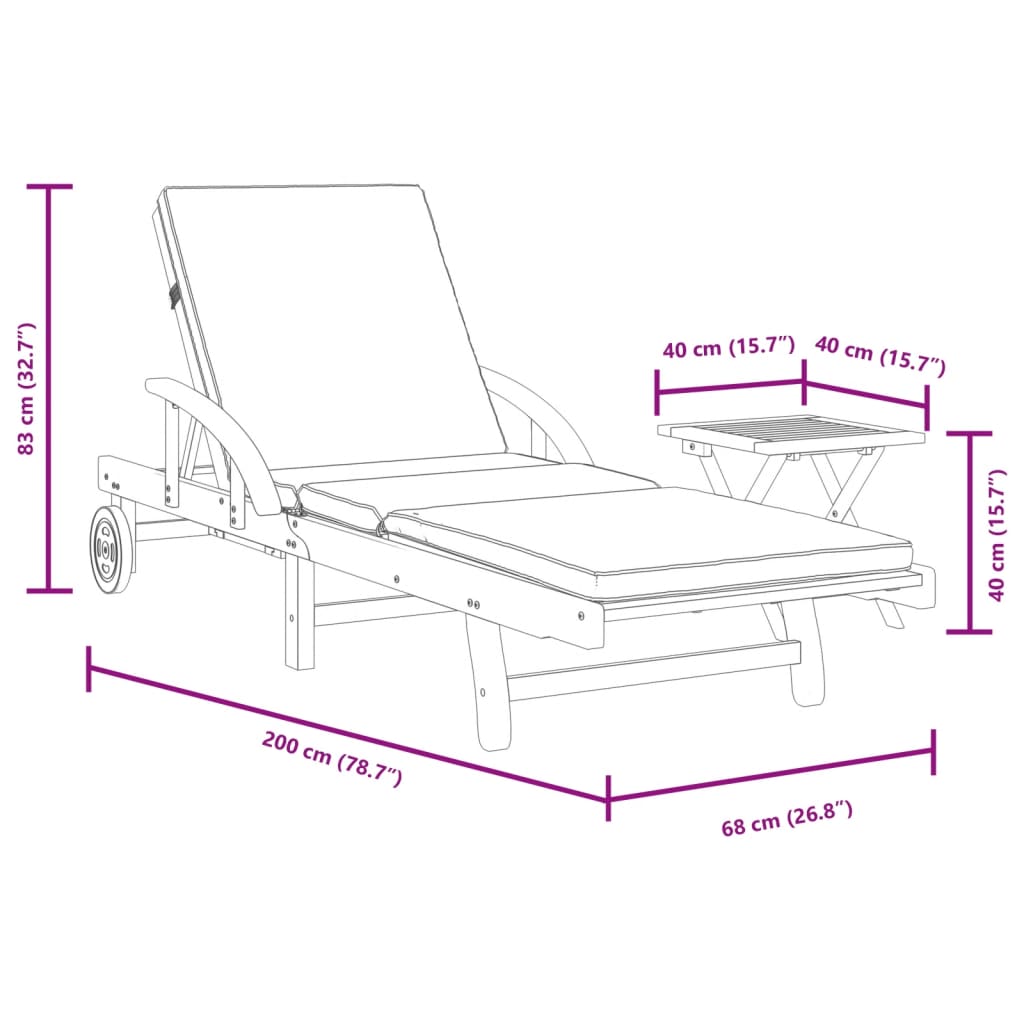 Sun lounger with cushion and solid acacia wood table