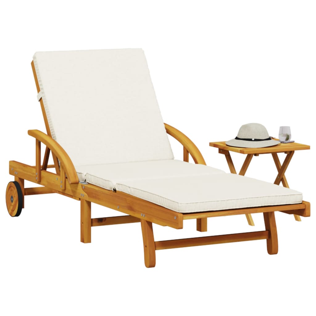 Sun lounger with cushion and solid acacia wood table