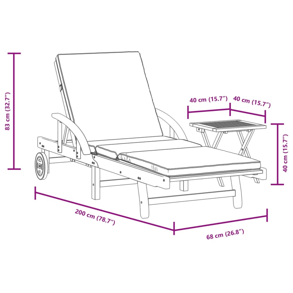 Sun lounger with cushion and solid acacia wood table
