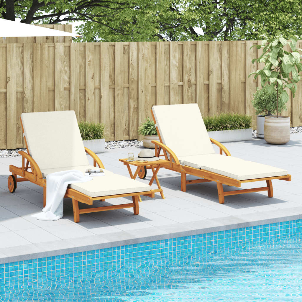 2 pcs sun loungers with table solid acacia wood