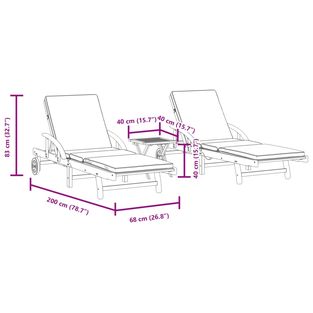 2 pcs sun loungers with table solid acacia wood