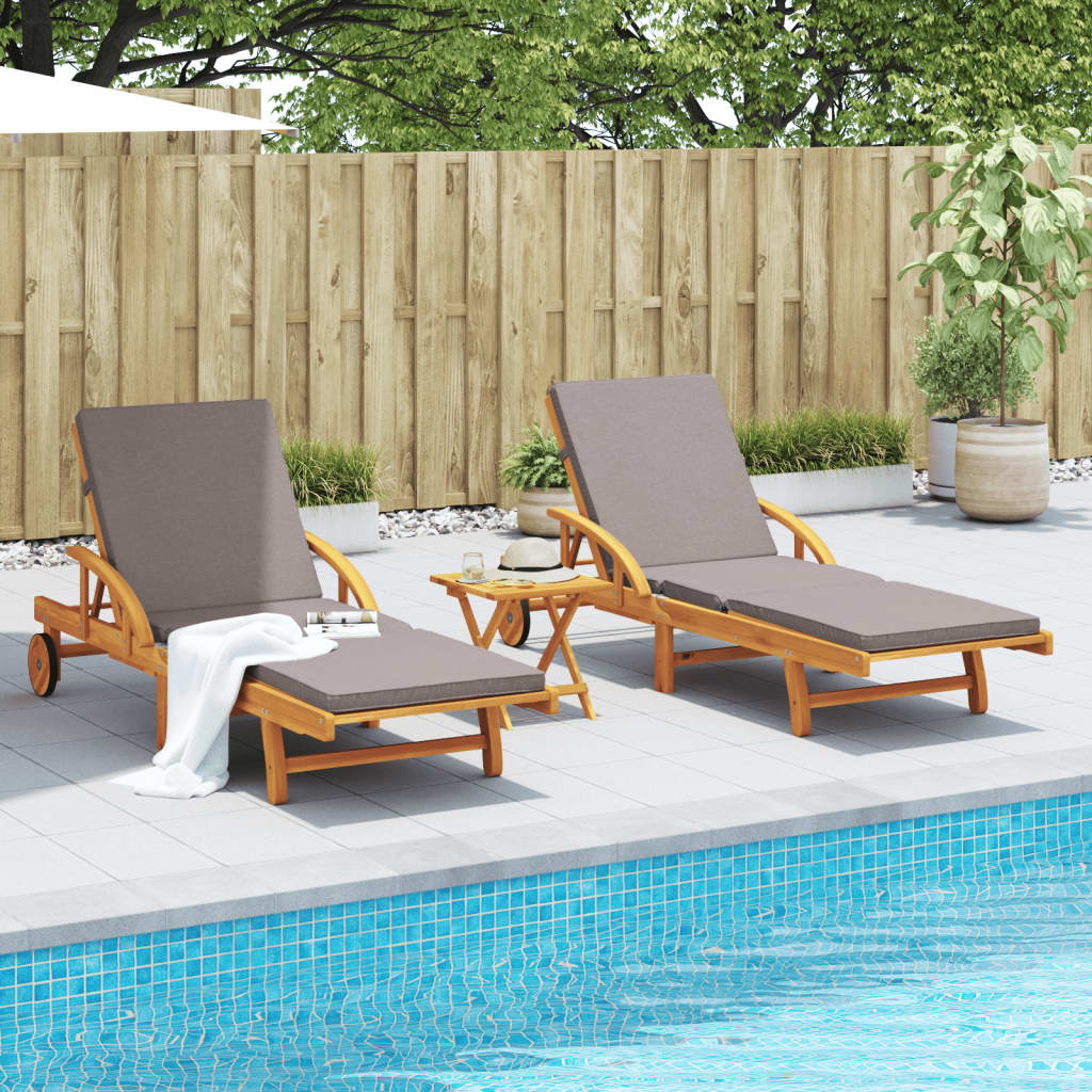 2 pcs sun loungers with table solid acacia wood