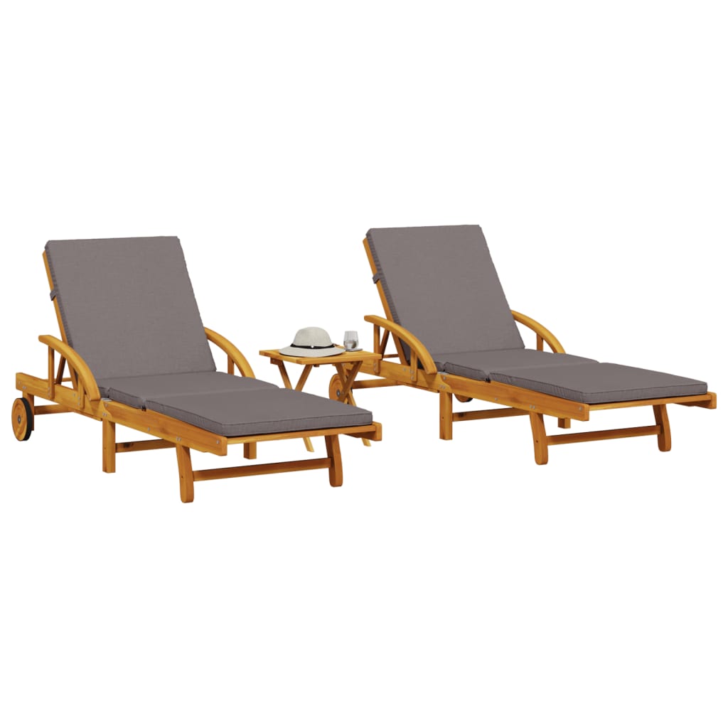 2 pcs sun loungers with table solid acacia wood