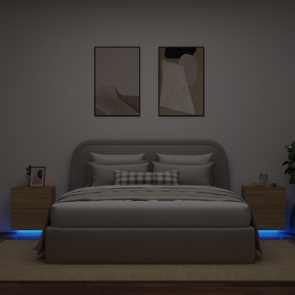 Mesas cabeceira c/ LEDs 2 pcs derivados madeira carvalho sonoma