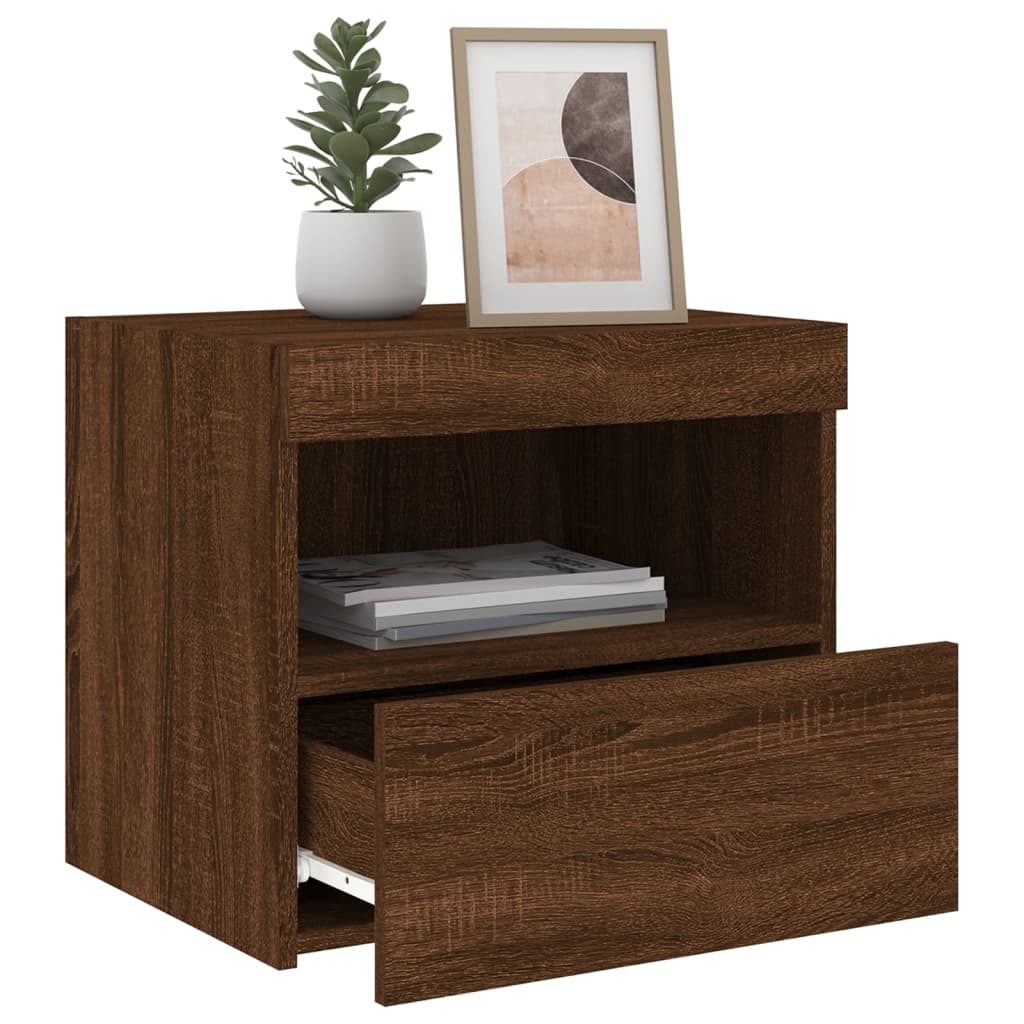Mesas cabeceira c/ luzes LED 2pcs 50x40x45 cm carvalho castanho