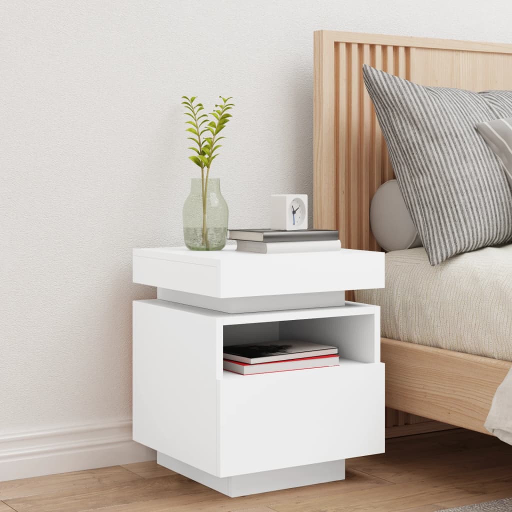 Mesa de cabeceira com luzes LED 40x39x48,5 cm branco