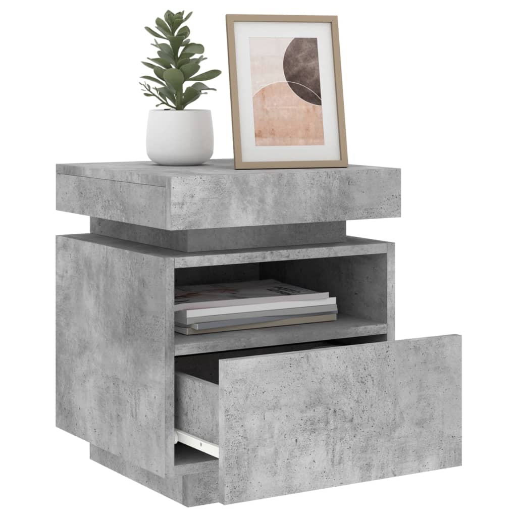 Mesa de cabeceira com luzes LED 40x39x48,5 cm cinzento-cimento