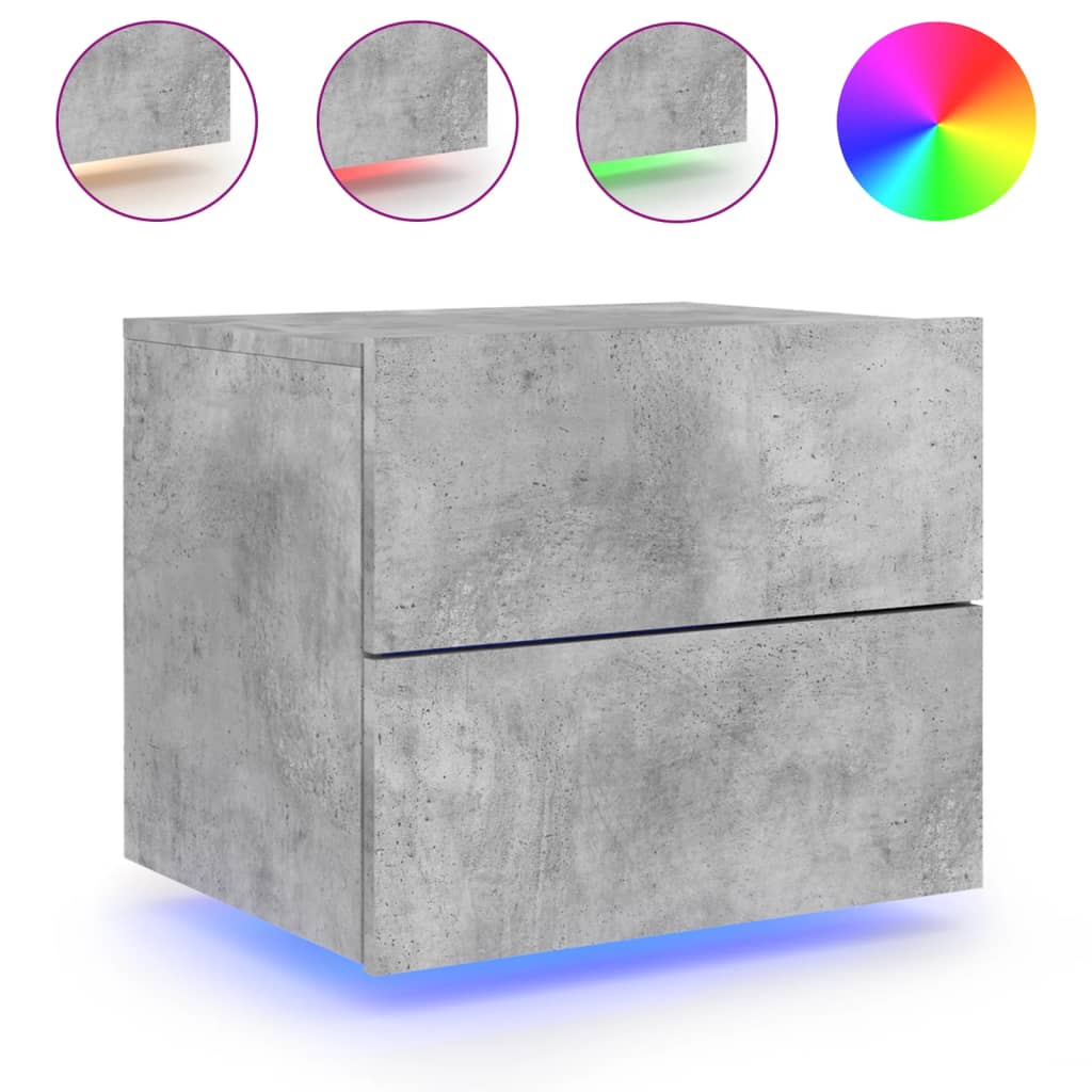 Wall-mounted bedside tables with LED lights 2pcs cement grey
