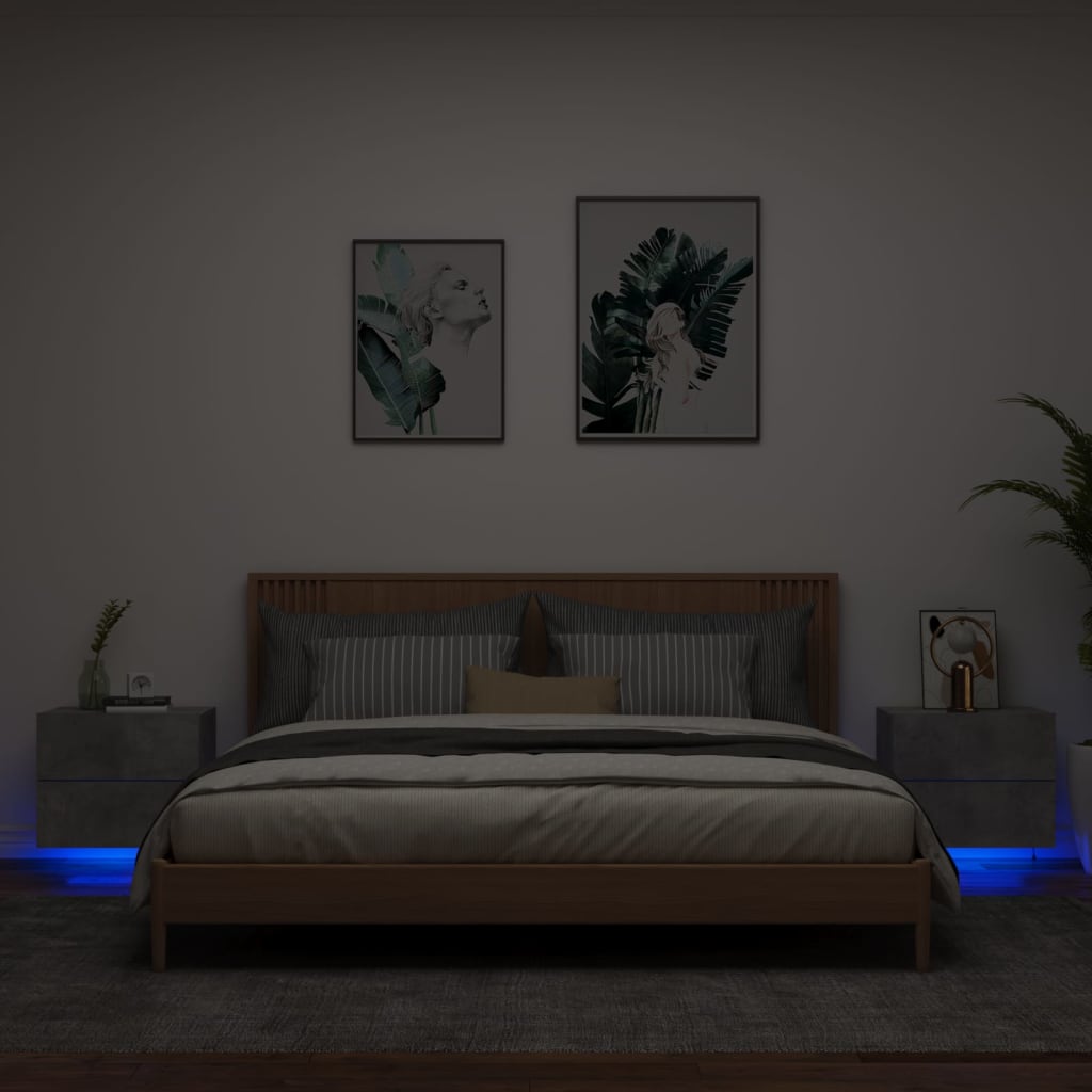 Wall-mounted bedside tables with LED lights 2pcs cement grey