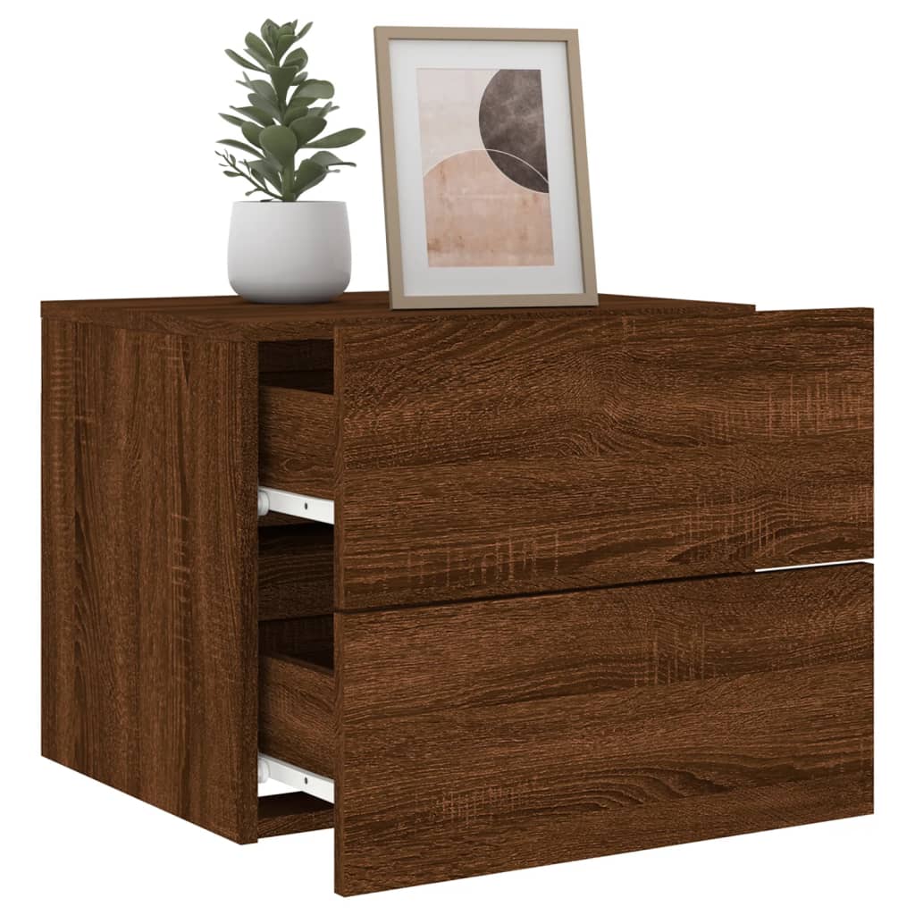 Mesas cabeceira de parede c/ luzes LED 2 pcs carvalho castanho