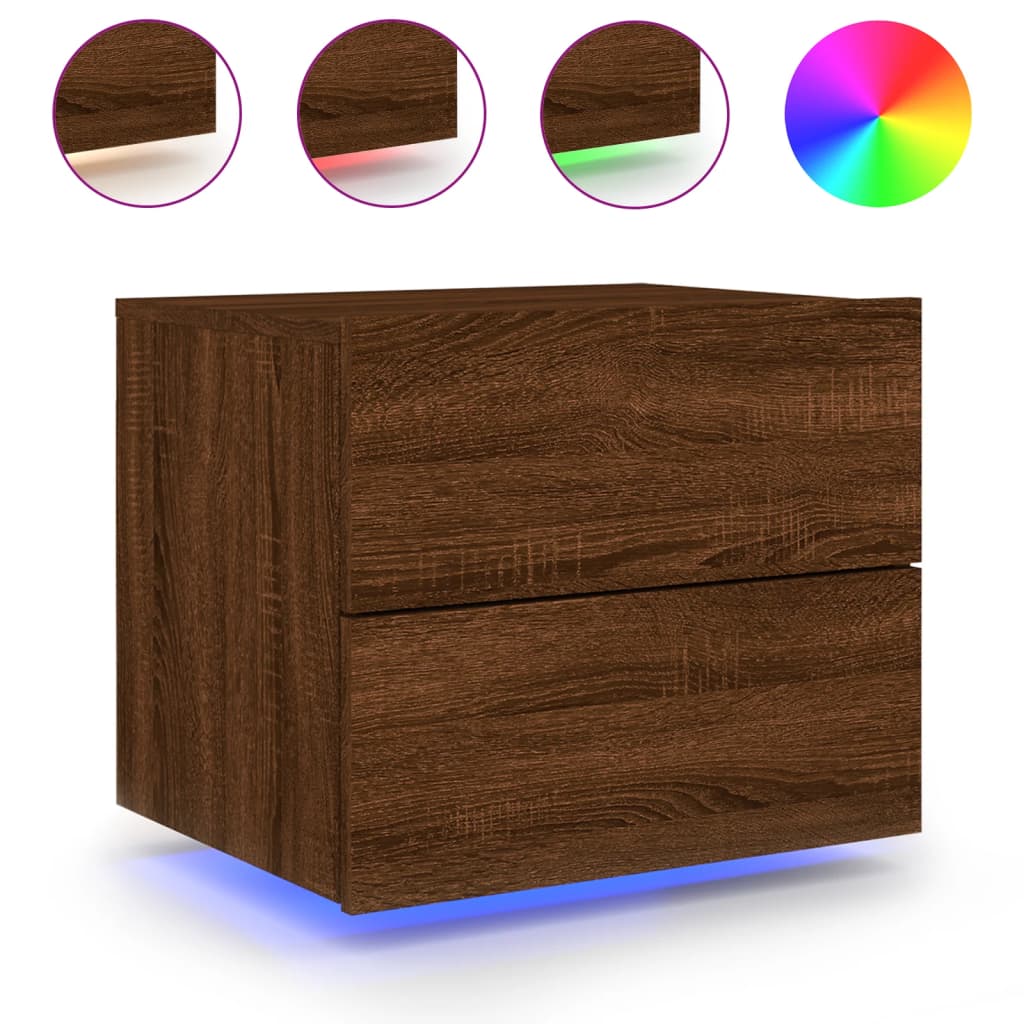 Mesas cabeceira de parede c/ luzes LED 2 pcs carvalho castanho