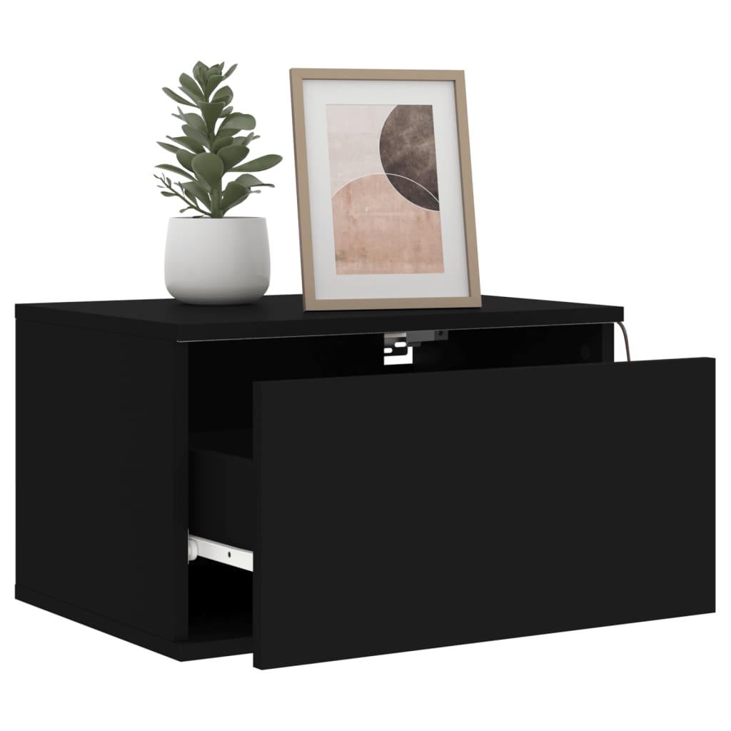 Mesas de cabeceira de parede com luzes LED 2 pcs preto