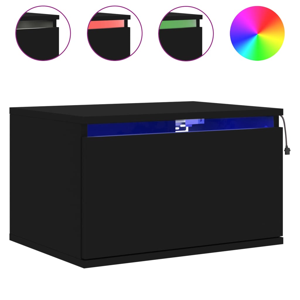 Mesas de cabeceira de parede com luzes LED 2 pcs preto