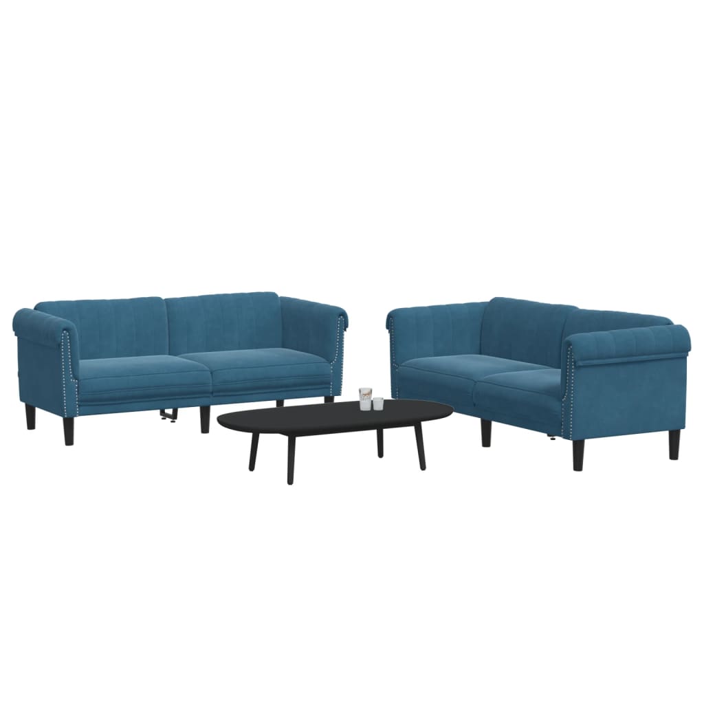 2 pcs blue velvet sofa set