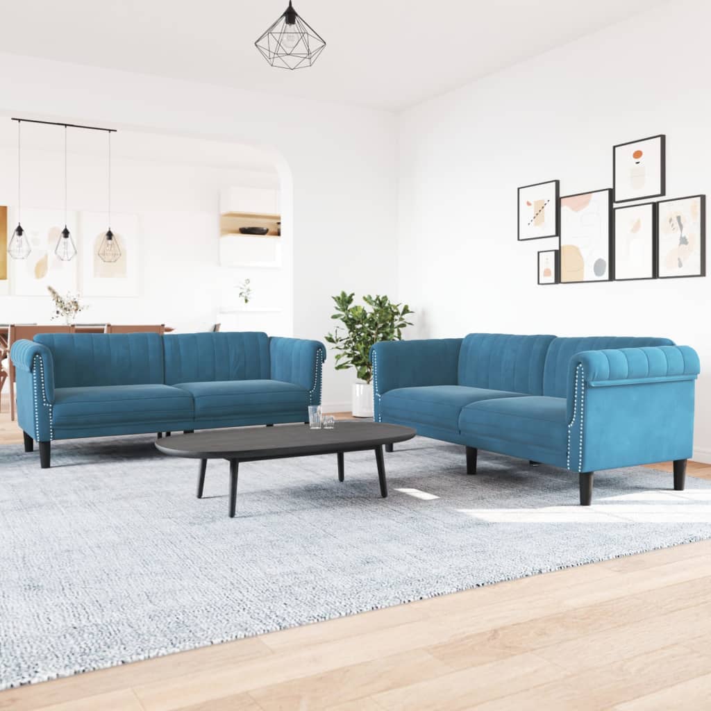 2 pcs blue velvet sofa set