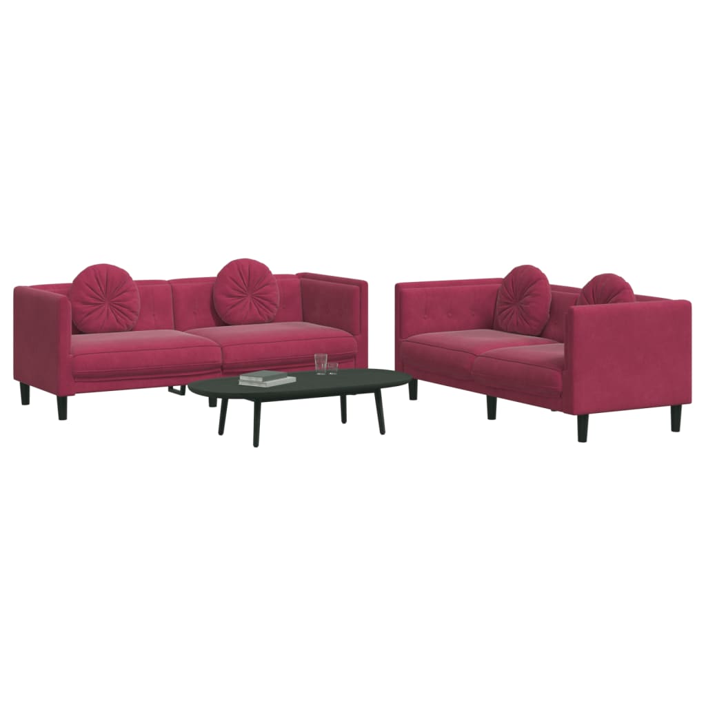 2 pcs conjunto de sofás com almofadas veludo vermelho-tinto