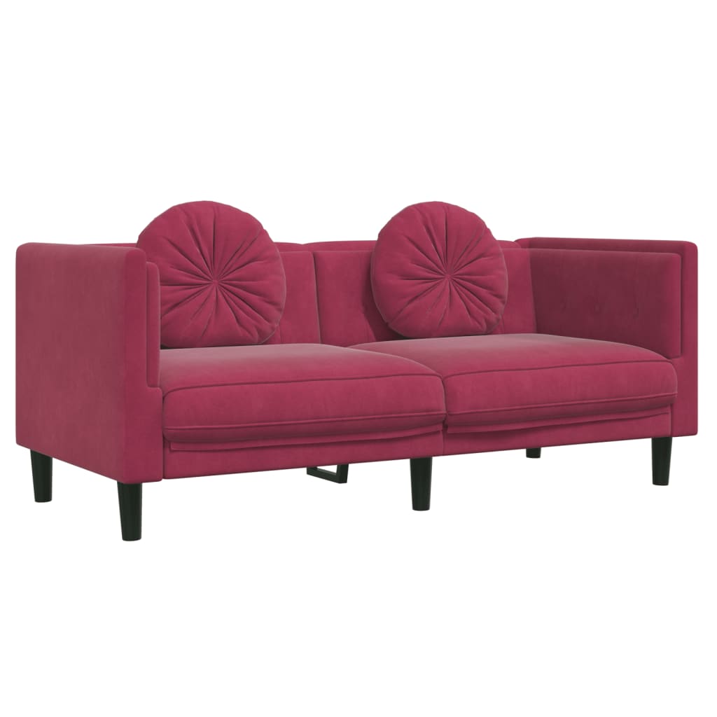 2 pcs conjunto de sofás com almofadas veludo vermelho-tinto