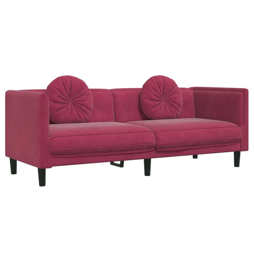 2 pcs conjunto de sofás com almofadas veludo vermelho-tinto