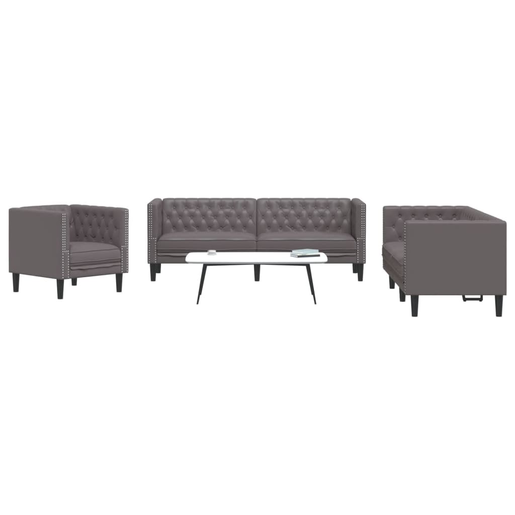 3 pcs conjunto de sofás chesterfield couro artificial cinzento