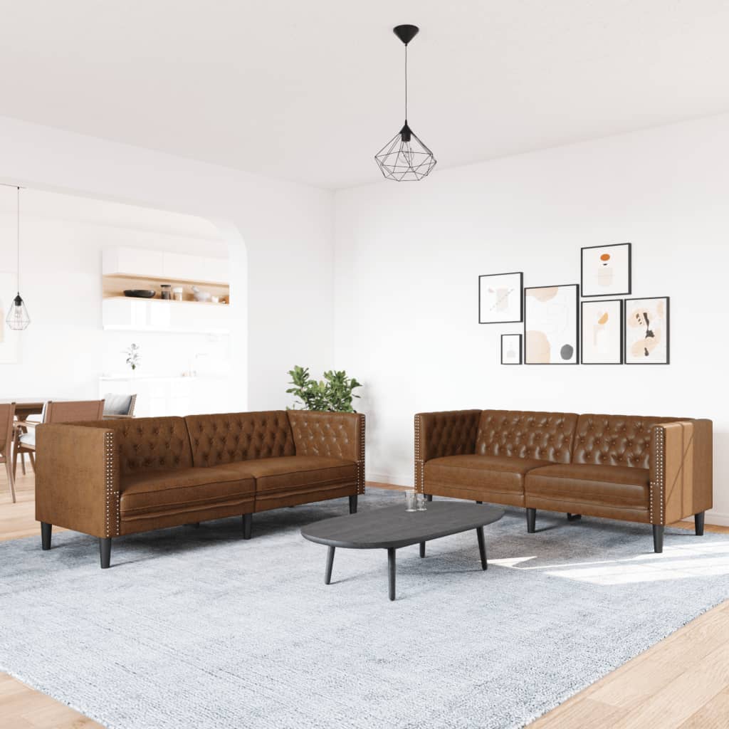 2 pcs conj. de sofás chesterfield camurça artificial castanho