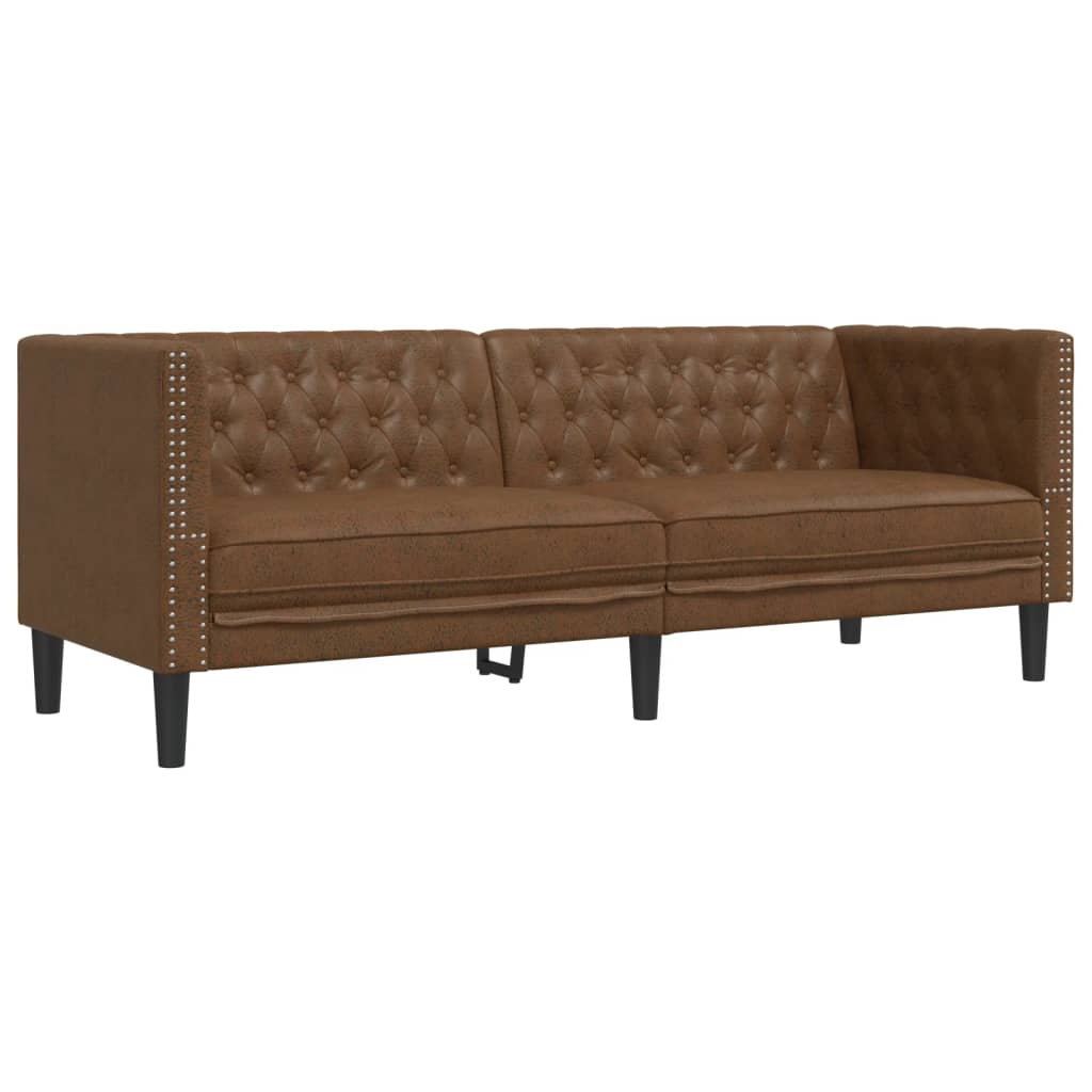 2 pcs conj. de sofás chesterfield camurça artificial castanho