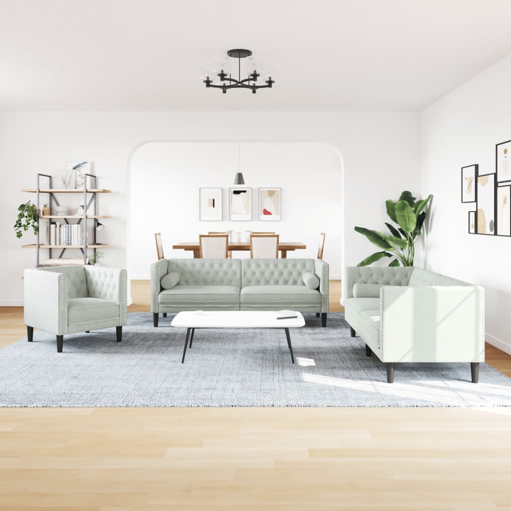 3 pcs Chesterfield sofa set with light grey velvet rollers