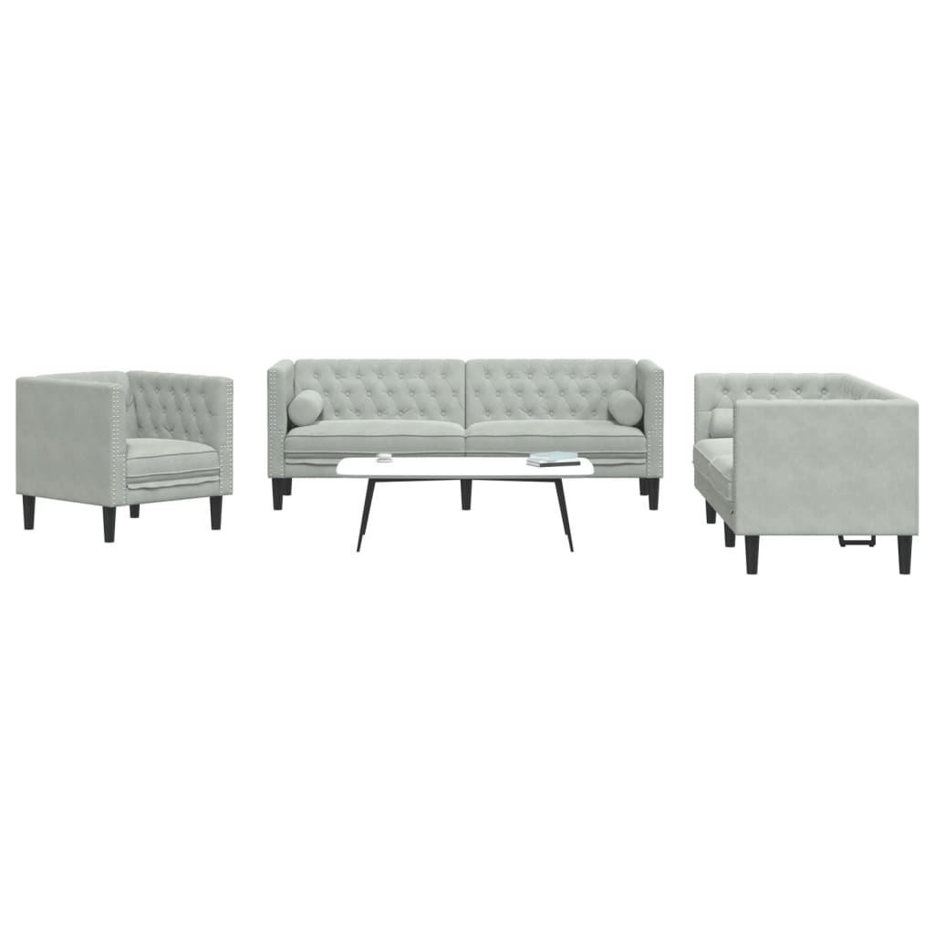 3 pcs Chesterfield sofa set with light grey velvet rollers