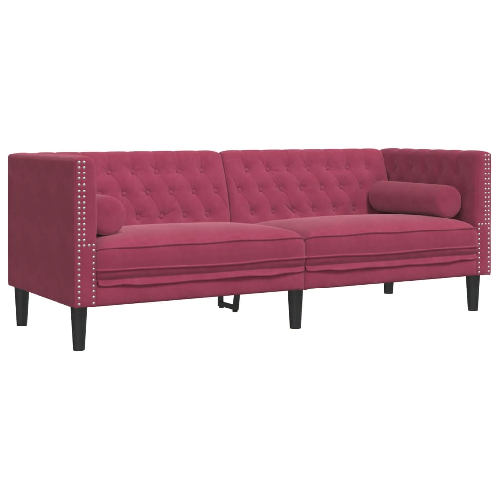 3 pcs conj. sofás chesterfield com rolos veludo vermelho-tinto