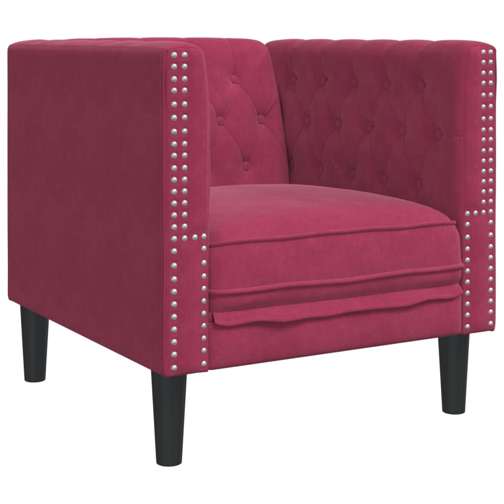 3 pcs conj. sofás chesterfield com rolos veludo vermelho-tinto
