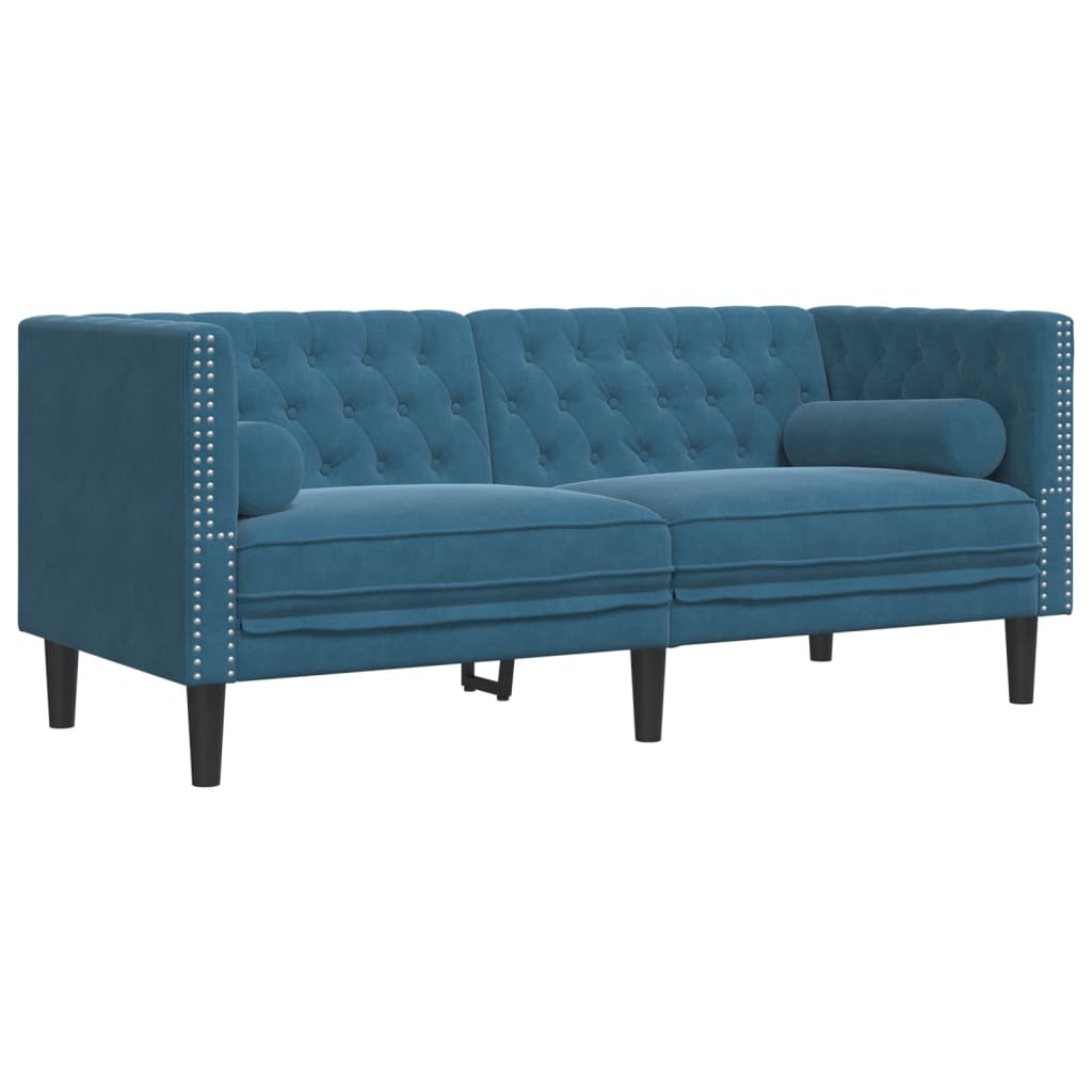 3 pcs conjunto de sofás chesterfield com rolos veludo azul