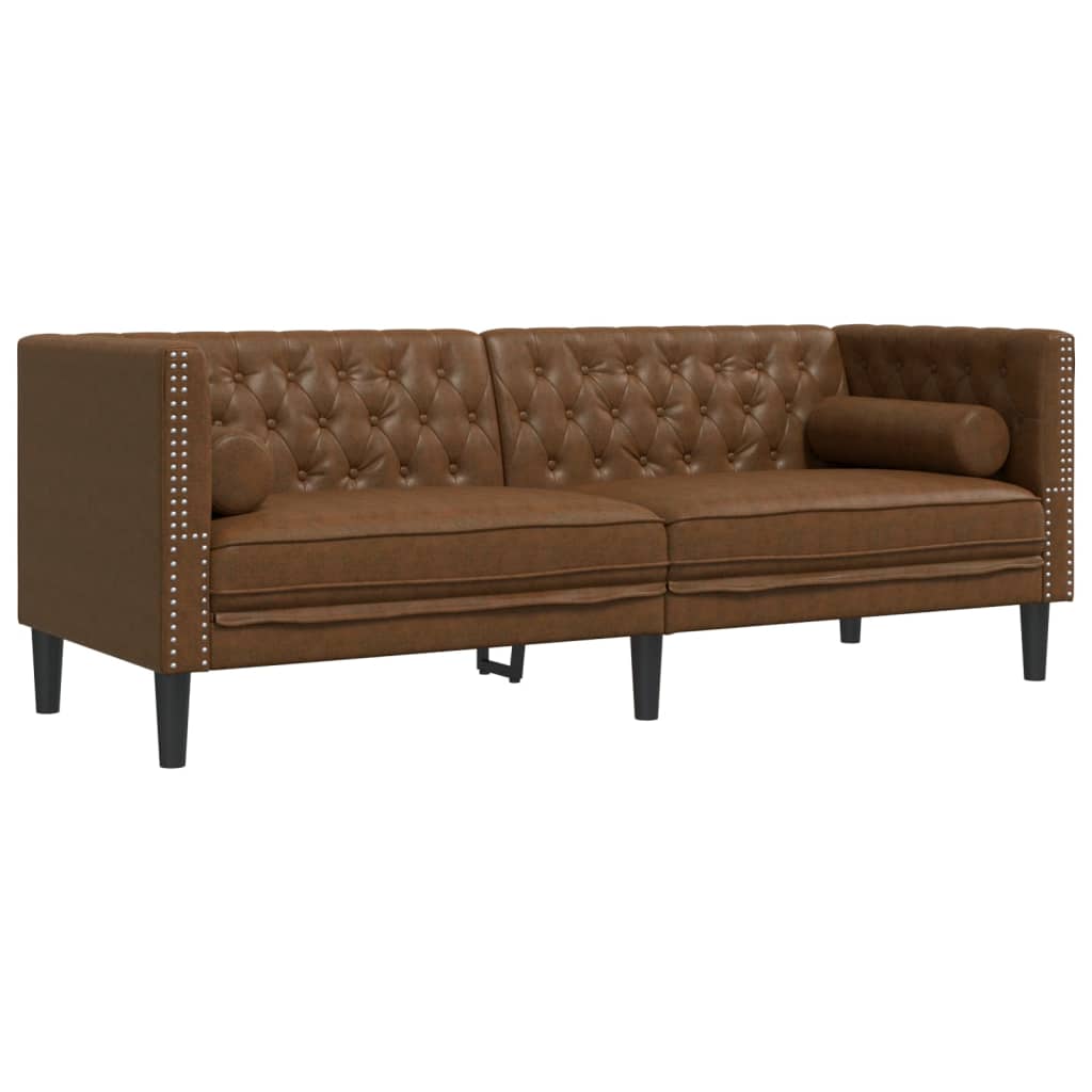 3 pcs conj. sofás chesterfield c/ rolos camurça artif. castanho