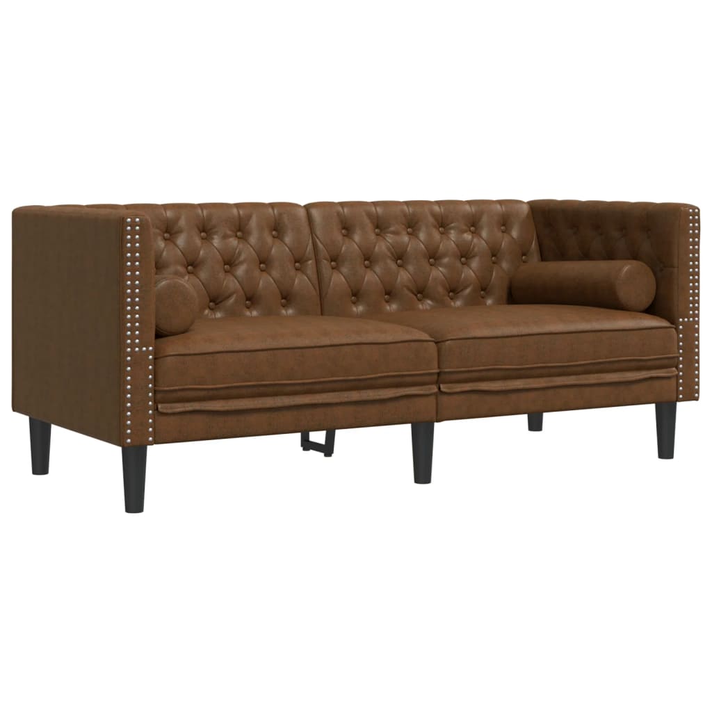 3 pcs conj. sofás chesterfield c/ rolos camurça artif. castanho
