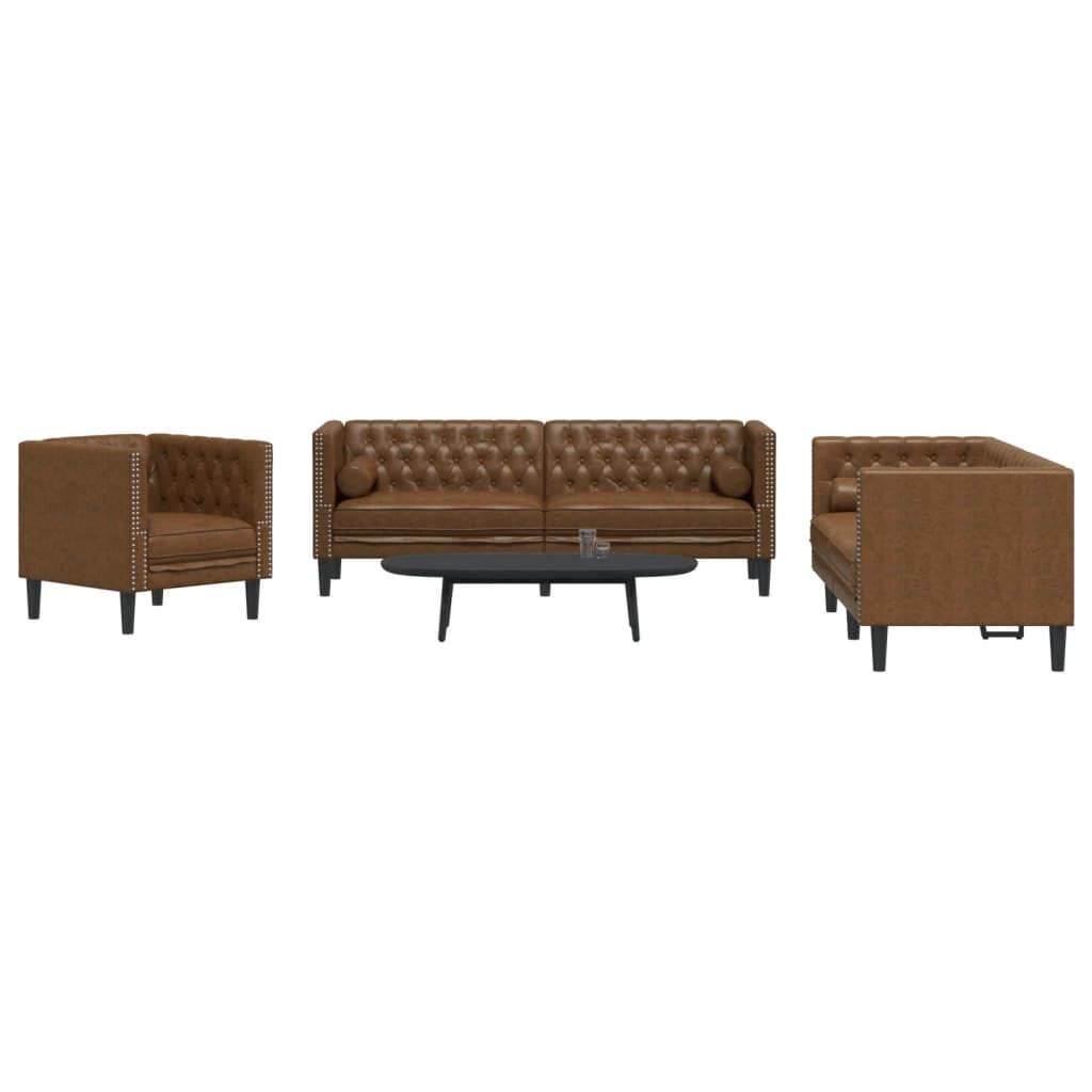 3 pcs conj. sofás chesterfield c/ rolos camurça artif. castanho