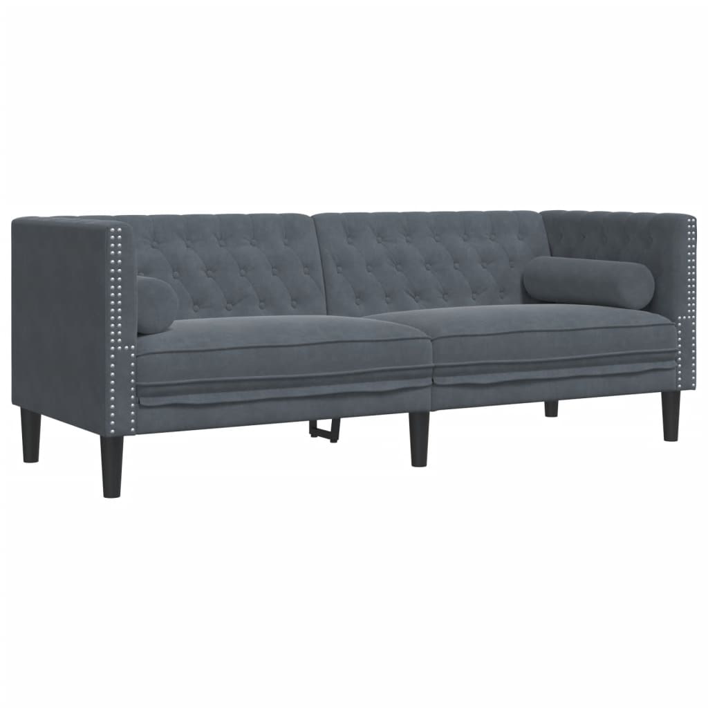 2 pcs conj. de sofás chesterfield com rolos veludo cinza-escuro