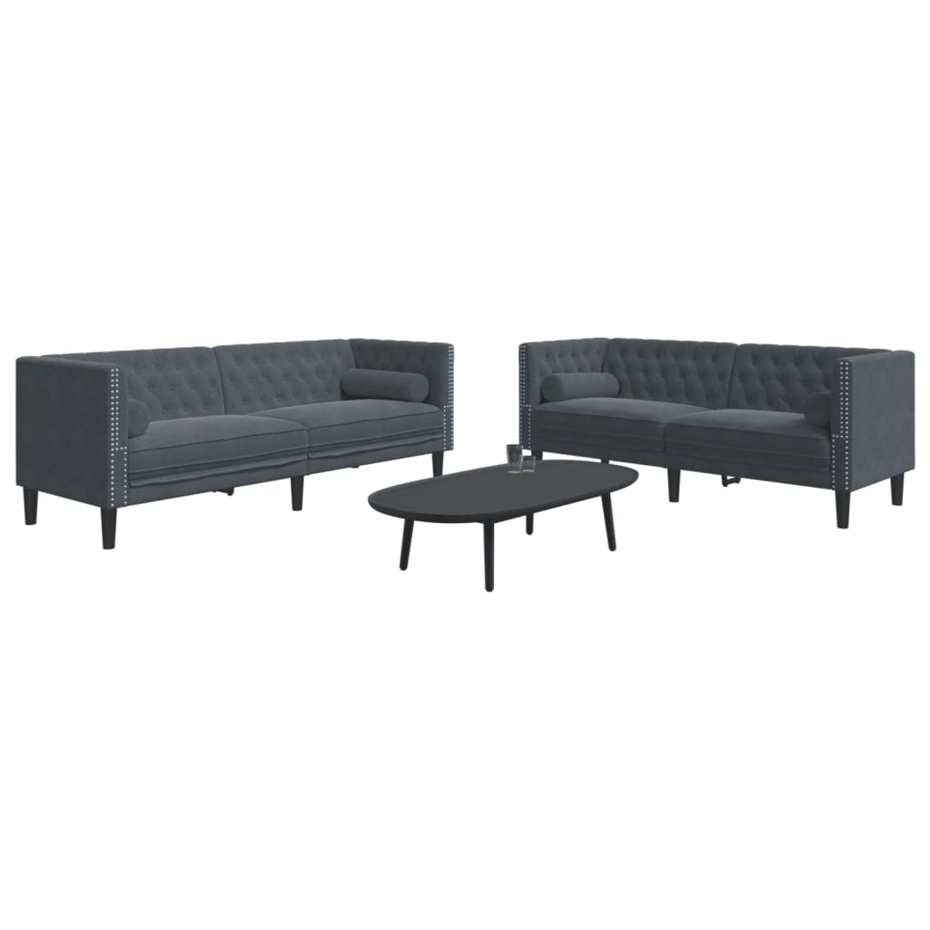 2 pcs conj. de sofás chesterfield com rolos veludo cinza-escuro