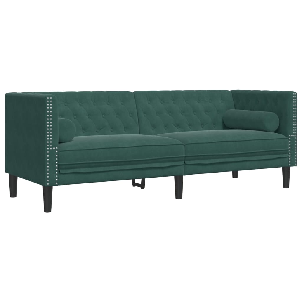 2 pcs conj. de sofás chesterfield com rolos veludo verde-escuro