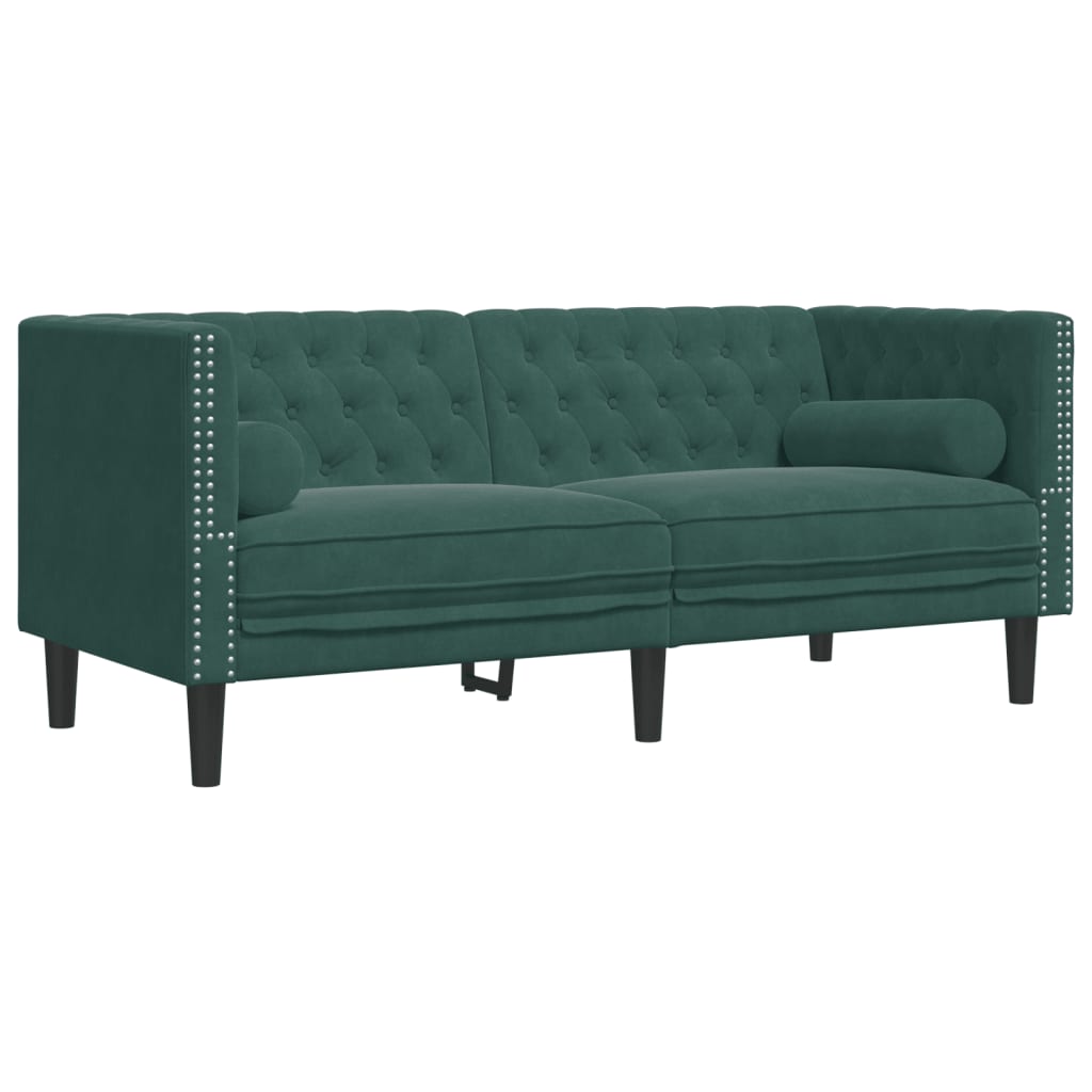 2 pcs conj. de sofás chesterfield com rolos veludo verde-escuro