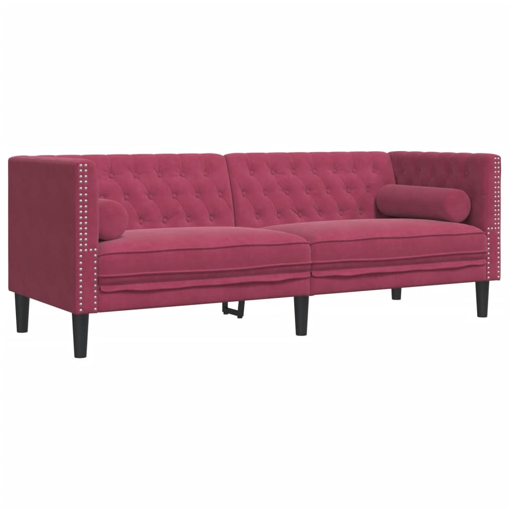 2 pcs conj. sofás chesterfield com rolos veludo vermelho-tinto
