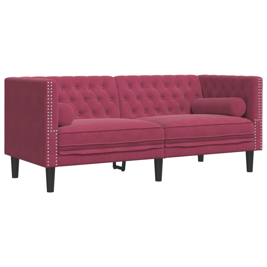 2 pcs conj. sofás chesterfield com rolos veludo vermelho-tinto